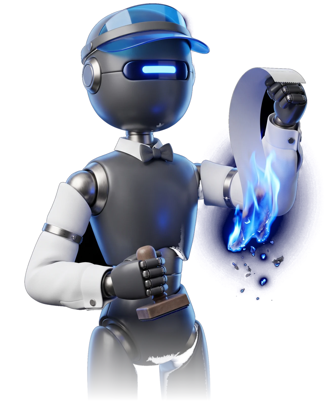 The Clerk: a graphite robot office clerk in a blue eyeshade, holding a receipt burning in blue flame.